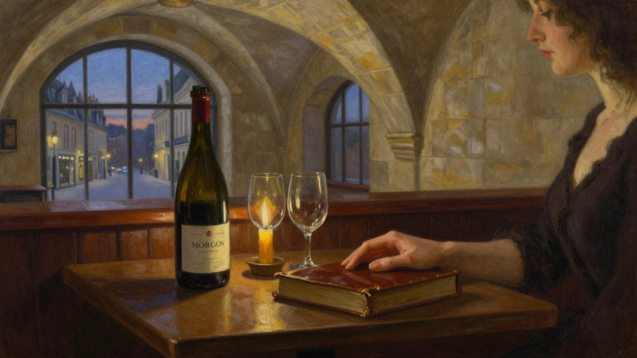 Dim wine bar interior with a bottle of Morgon, candlelight, and an open book on a wooden table.