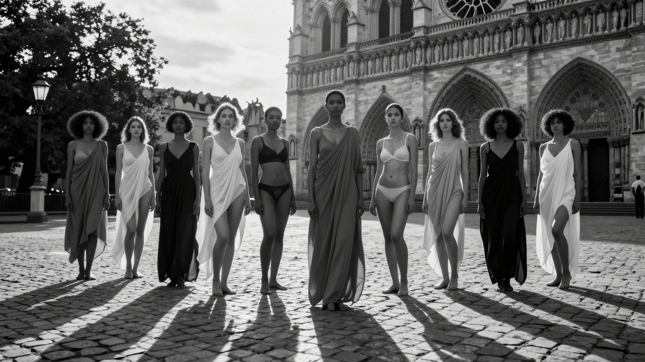 Diverse models stand silently in a Paris courtyard at golden hour, draped in lingerie, bathed in twilight glow.