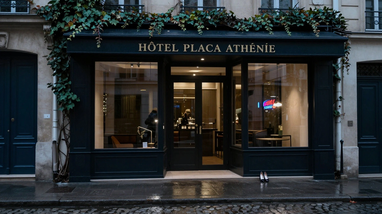Empty hotel entrance at dawn with polished heels on wet cobblestones under soft neon glow.