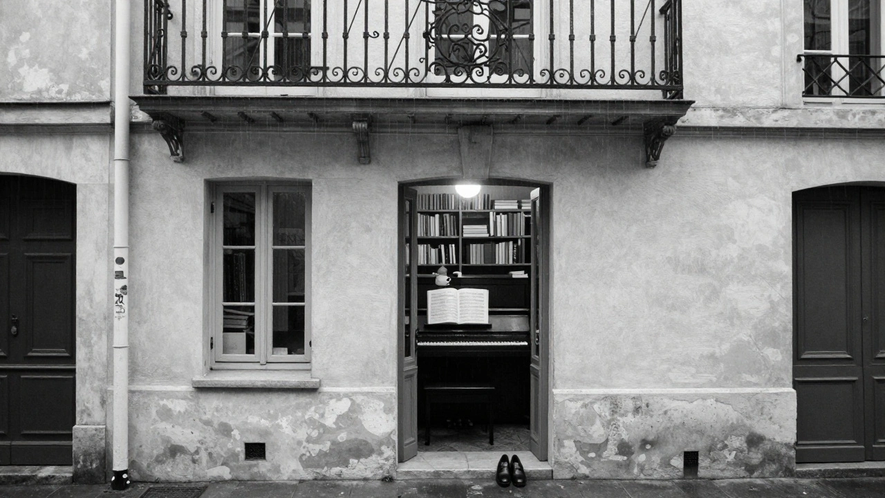 Rain-soaked courtyard in Saint-Germain, a slightly open door revealing warm light, books, and a teacup.