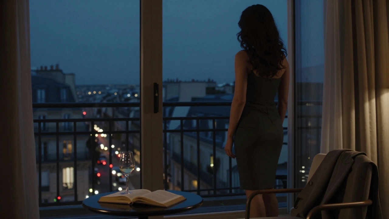 Silhouette of a woman at a window in a Paris apartment, city lights glowing softly in the background.