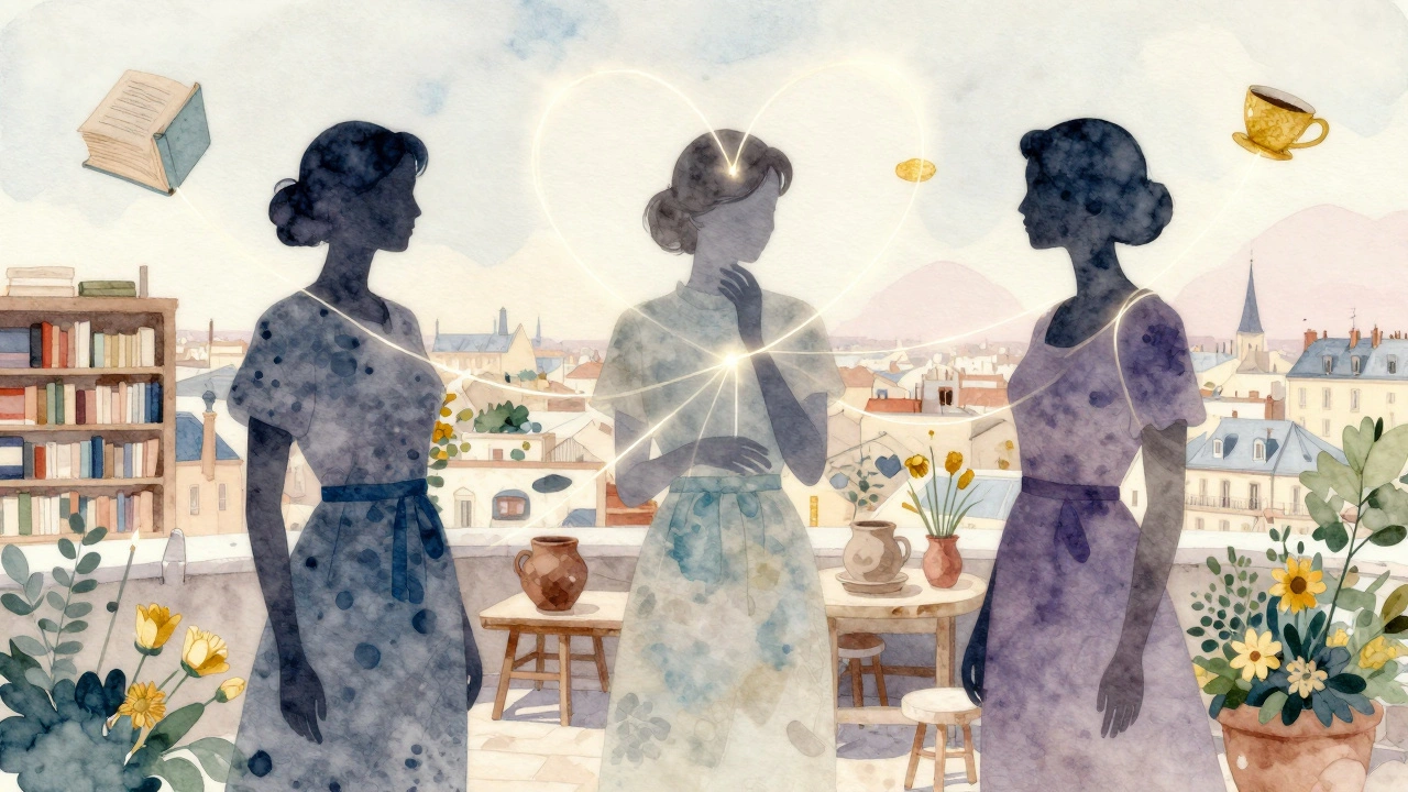 Three abstract silhouettes of women in Parisian settings connected by glowing threads, symbols of their passions floating around them.
