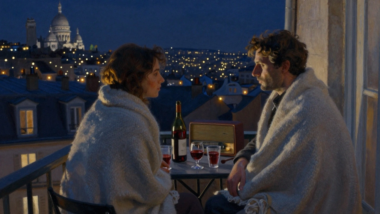 Two figures on a rooftop balcony at night, sharing wine under twinkling city lights.