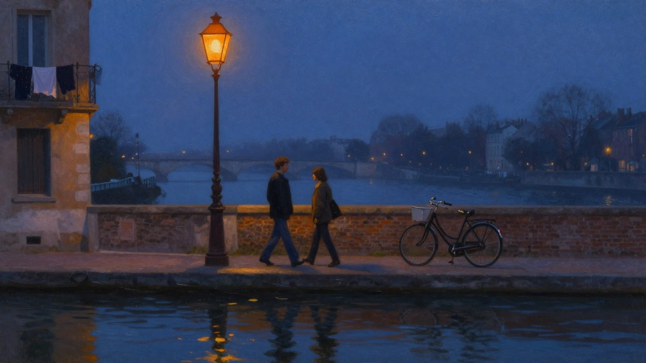 Two figures walking along the Canal Saint-Martin at dusk, reflections in water, streetlamps glowing, no tourists.
