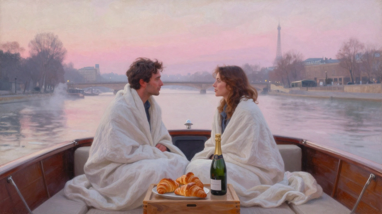 Two people enjoy a quiet dawn boat ride on the Seine with croissants and champagne.