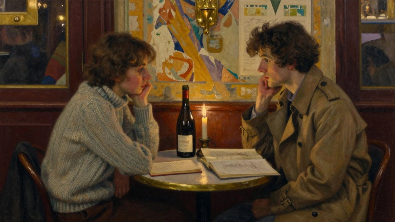 Two people in a quiet bistro corner sharing wine and silent conversation in soft focus.