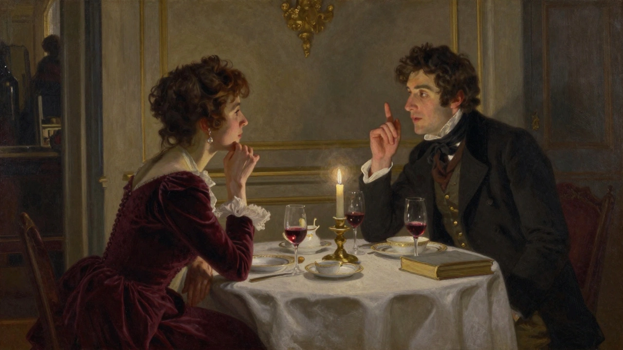 Two people share a quiet dinner in a candlelit Parisian townhouse, books and wine on the table.