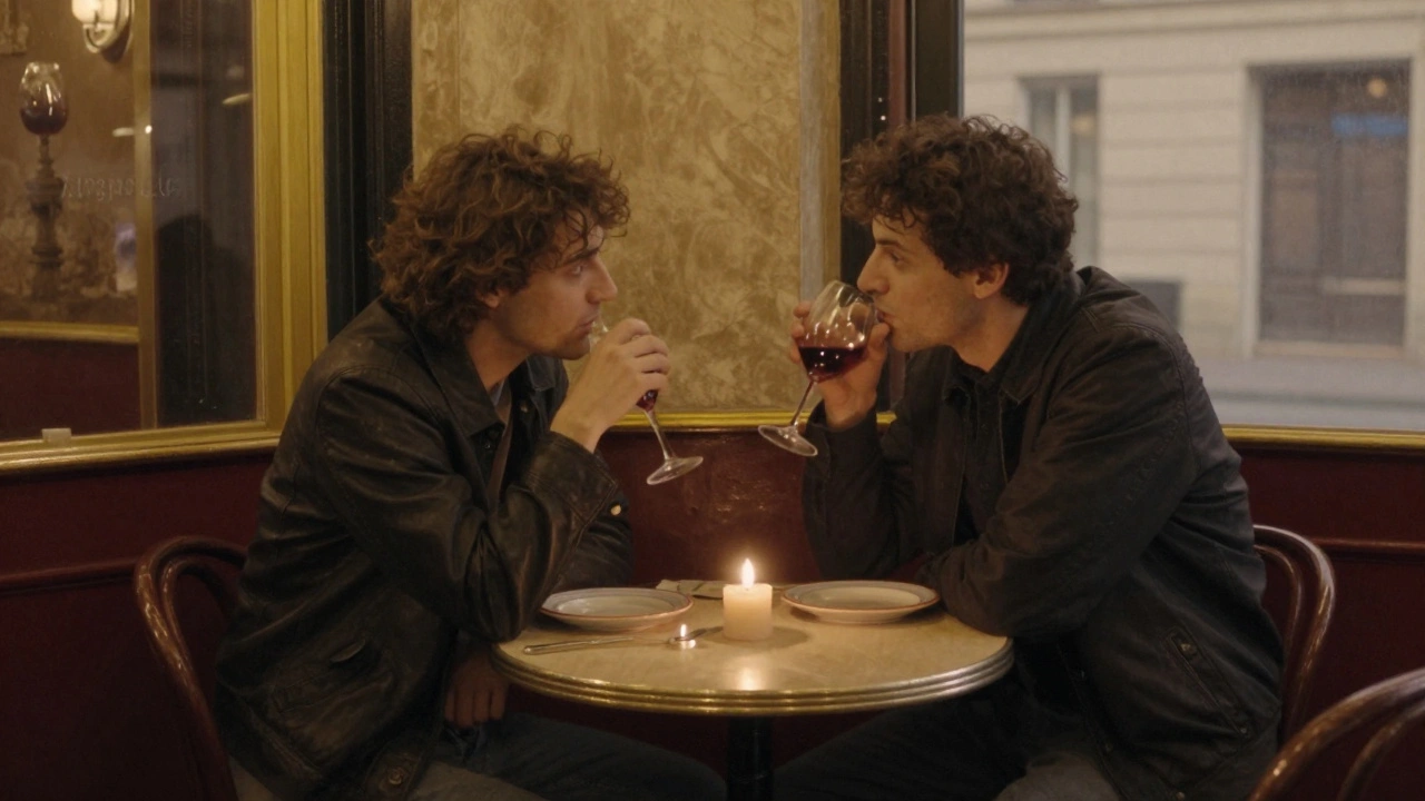 Two people share a quiet moment at a cozy Parisian bistro table, candlelight casting warm shadows on wooden furniture.