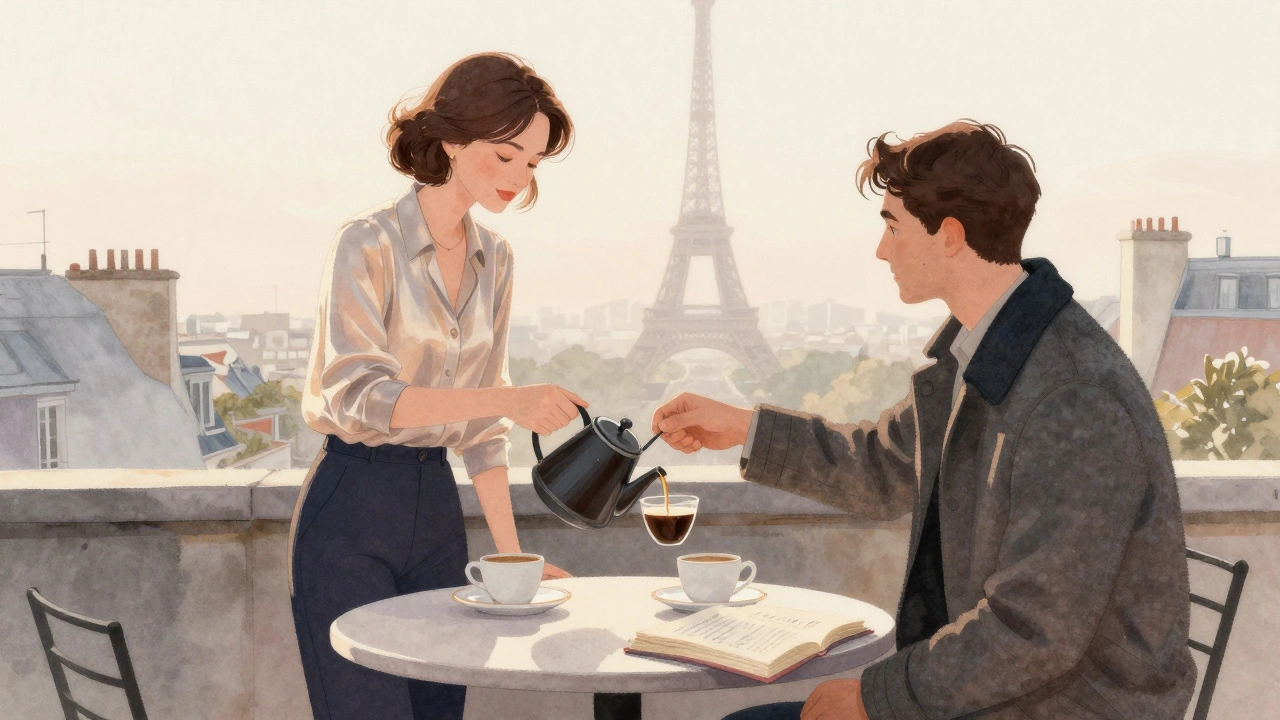 Two people share a quiet sunrise coffee on a private rooftop terrace with the Eiffel Tower softly visible in the distance.