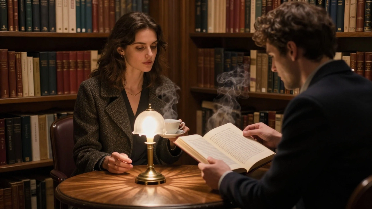 Two people sharing silent tea in a candlelit private reading room filled with books.