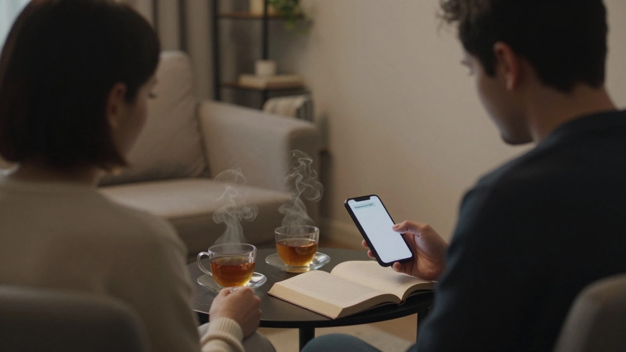 Two people sit in quiet conversation in a modest apartment, tea steaming on a table between them.