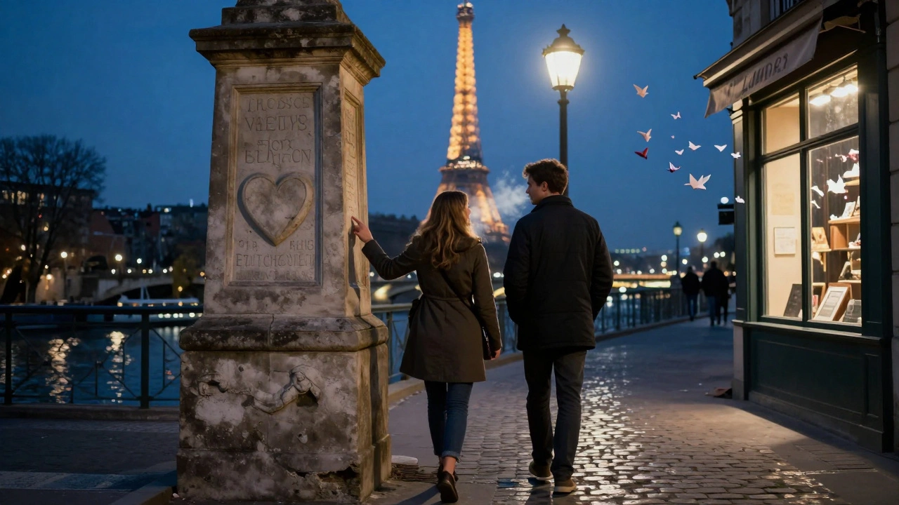 Two people standing on a quiet Paris bridge at night, examining an old carving, with the Eiffel Tower glowing in the distance.