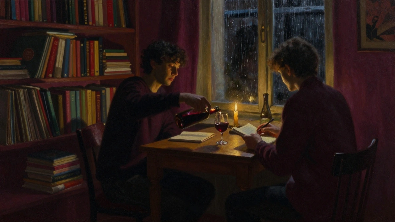Two silhouettes share wine and quiet conversation in a book-filled apartment at dusk.