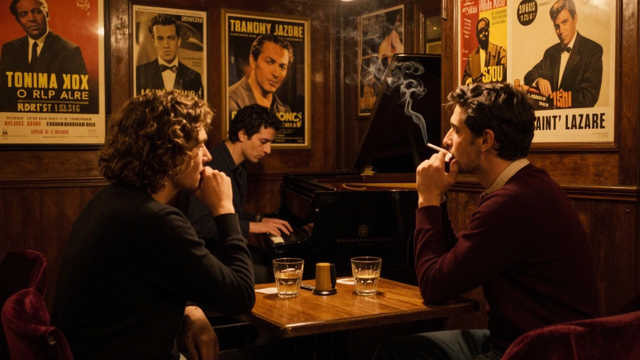 A couple enjoying live jazz in a hidden Paris 17th bar, dim lighting, vintage decor, and the quiet ambiance of a late-night conversation.