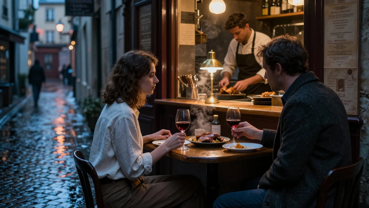 A couple sharing a quiet meal at a hidden bistro in Paris's 5th arrondissement, steam rising from food.
