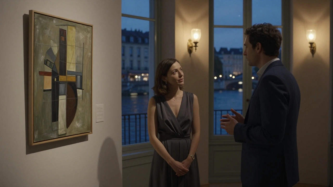 A couple viewing art in a private Le Marais gallery at twilight, soft lighting and no crowd.