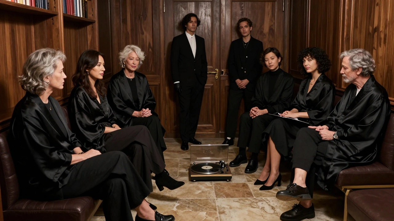 A diverse group of adults quietly interacting in an elegant, book-filled intimacy lounge with warm lighting.