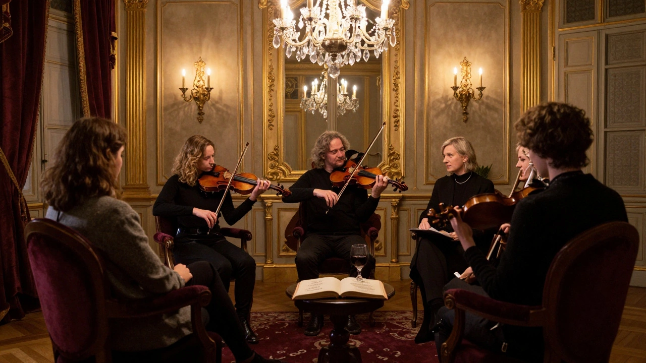 A intimate chamber music recital in a historic Parisian townhouse, six listeners captivated by a violinist in candlelight.