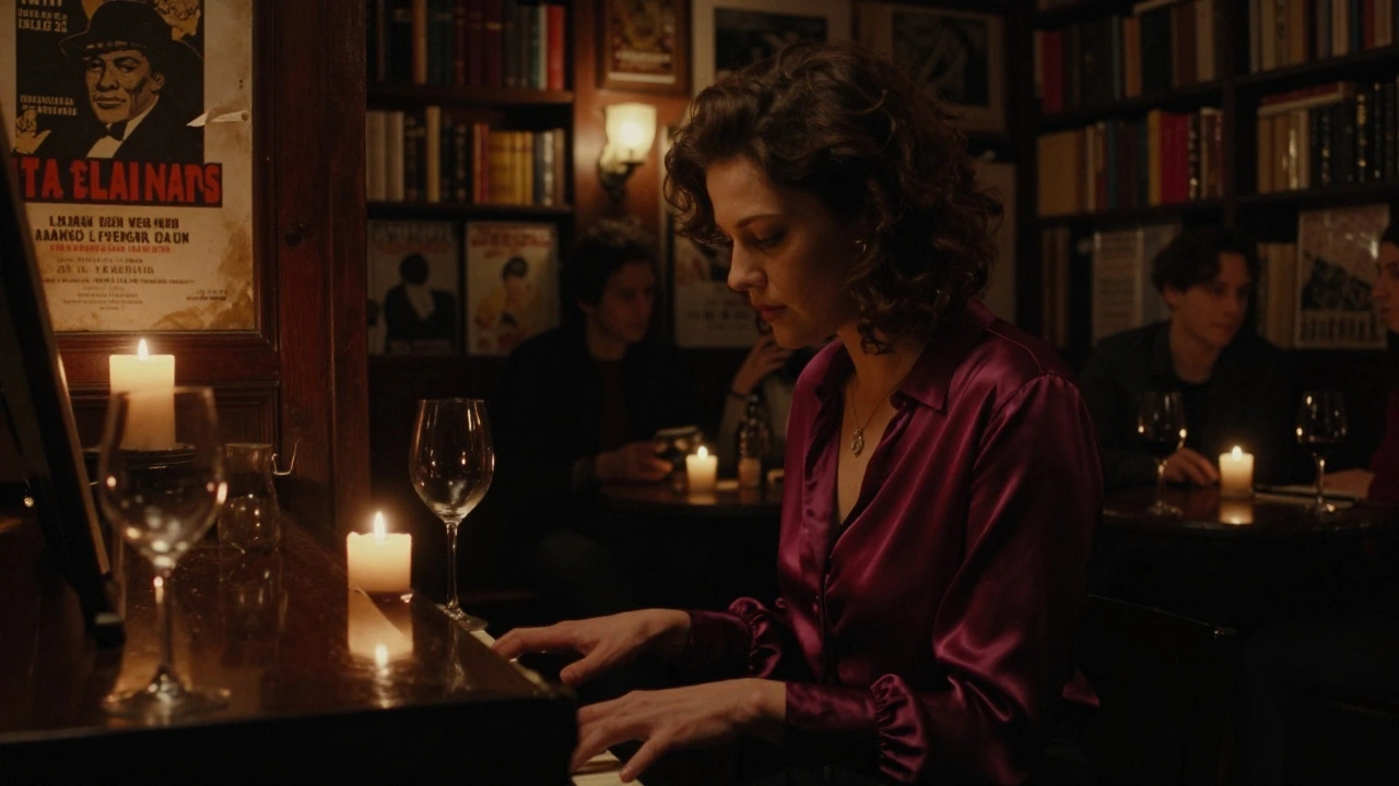 A jazz lounge beneath a bookshop, candlelight glowing on wine glasses and a pianist playing in shadow.