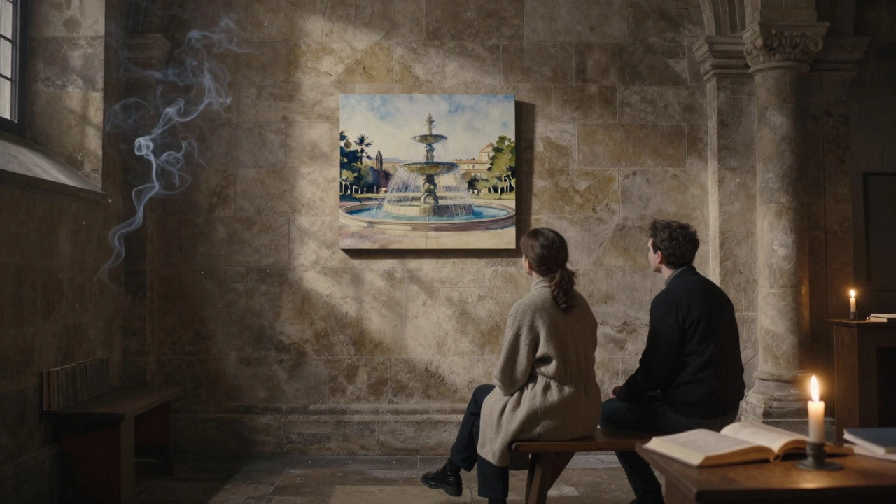 A man and woman sitting in silent contemplation inside a candlelit abandoned chapel in Paris.