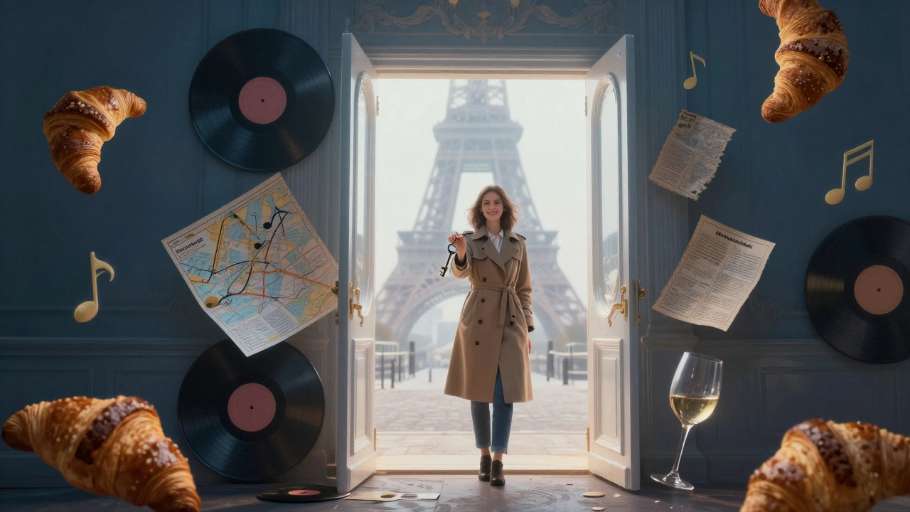 A mystical doorway made of Parisian icons leading to a hidden courtyard, symbolizing discovering the real Paris.