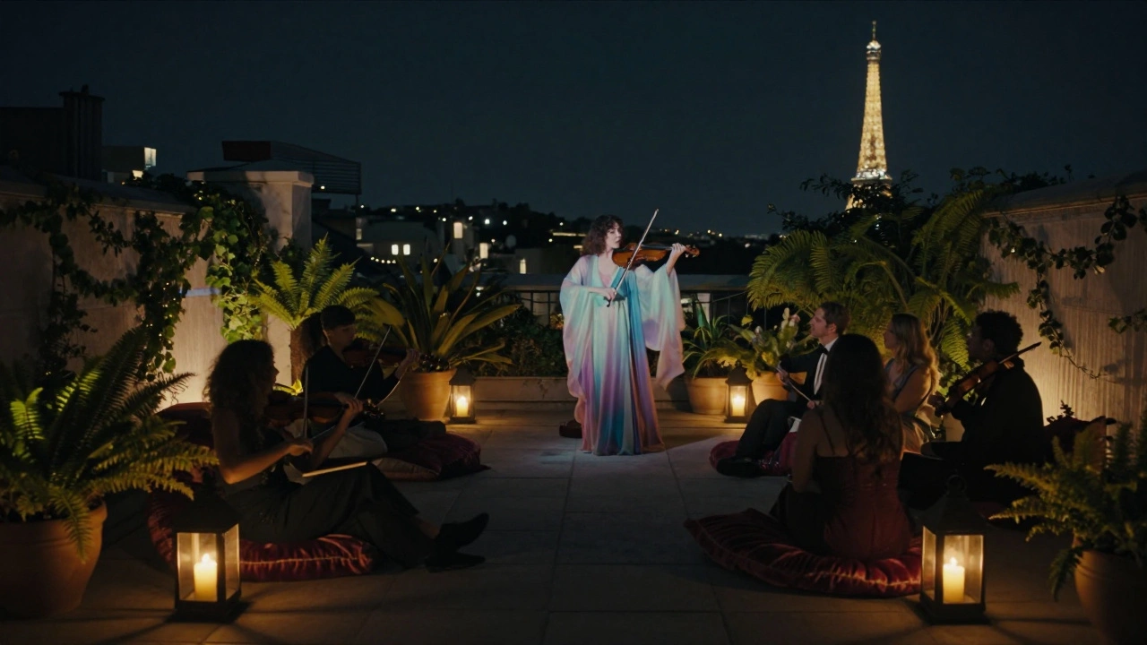 A performer glides through a candlelit rooftop garden at night, violin music in the air.