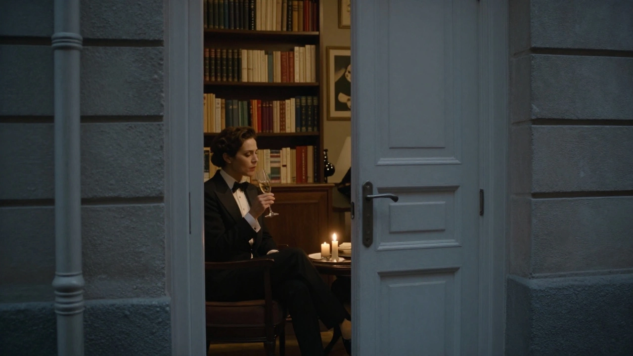 A private salon in Paris: a woman in a tuxedo listens to a story by candlelight, books on shelves.
