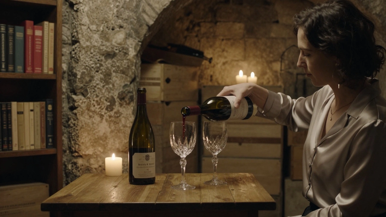 A quiet wine tasting in a dimly lit cellar, with two crystal glasses and an old bottle of Burgundy on a wooden table.