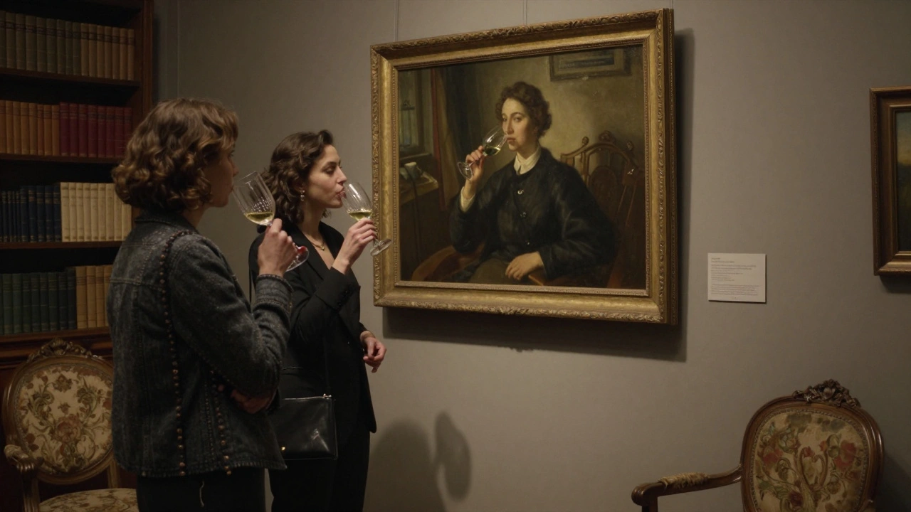 A refined woman and client share a quiet moment in a hidden Parisian art gallery, sipping wine amidst vintage paintings.