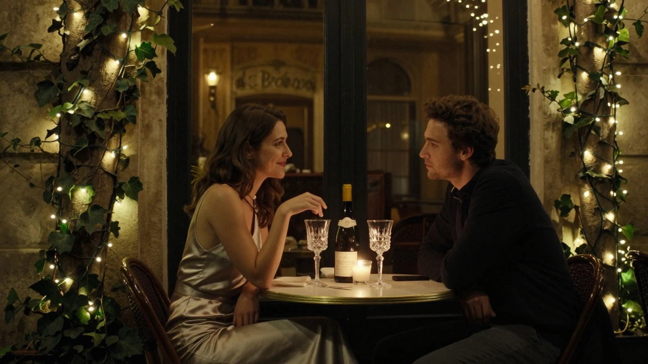 A secluded terrace at Le Procope at night, two people at a candlelit table with a bottle of wine, surrounded by ivy and soft string lights.