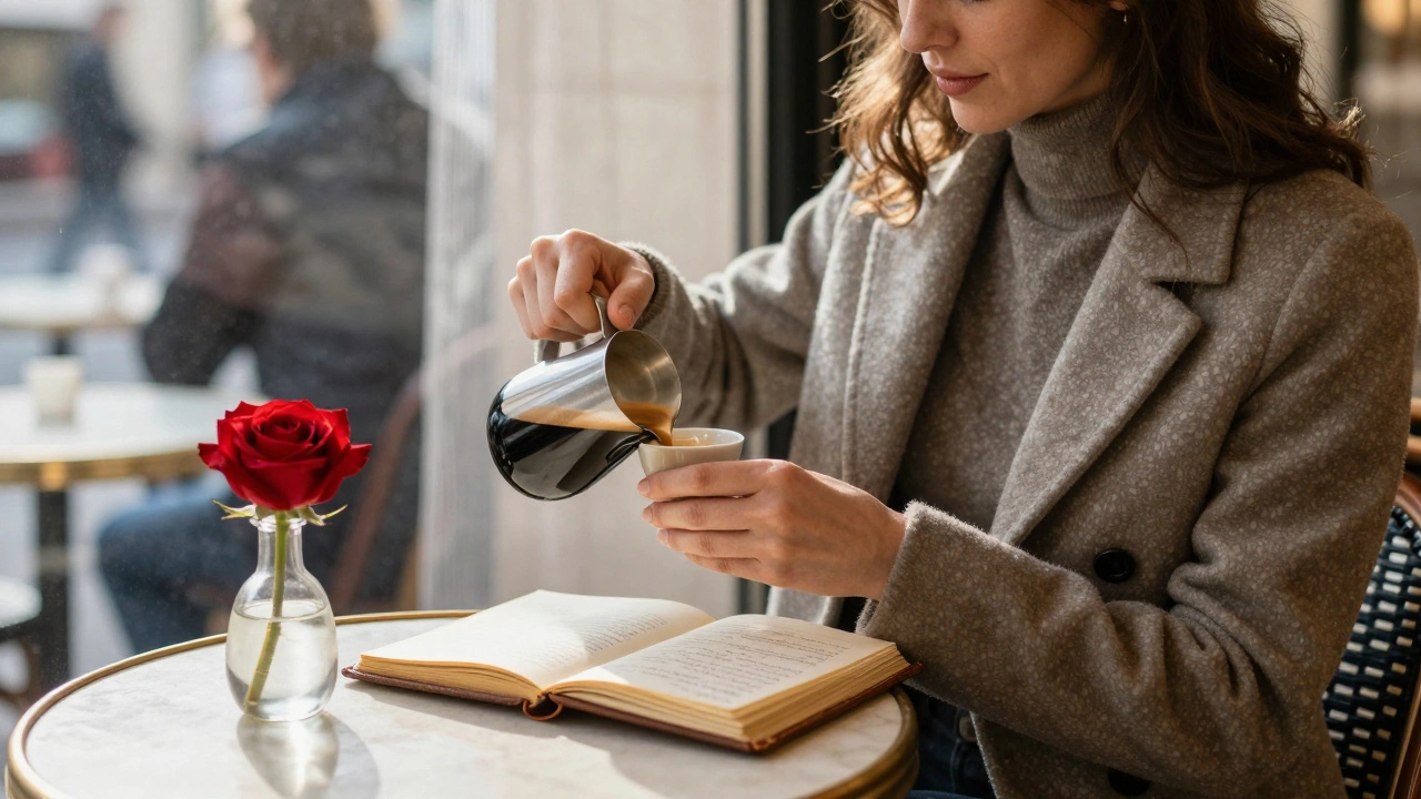 A woman pours coffee at a quiet café near Musée Rodin, a notebook and single rose on the table in soft morning light.