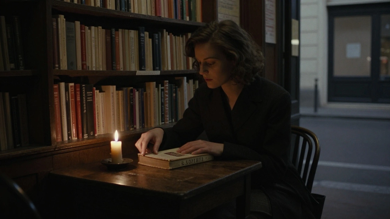 A woman reading Sartre in a dim Paris bookshop, candlelight casting soft shadows on books.