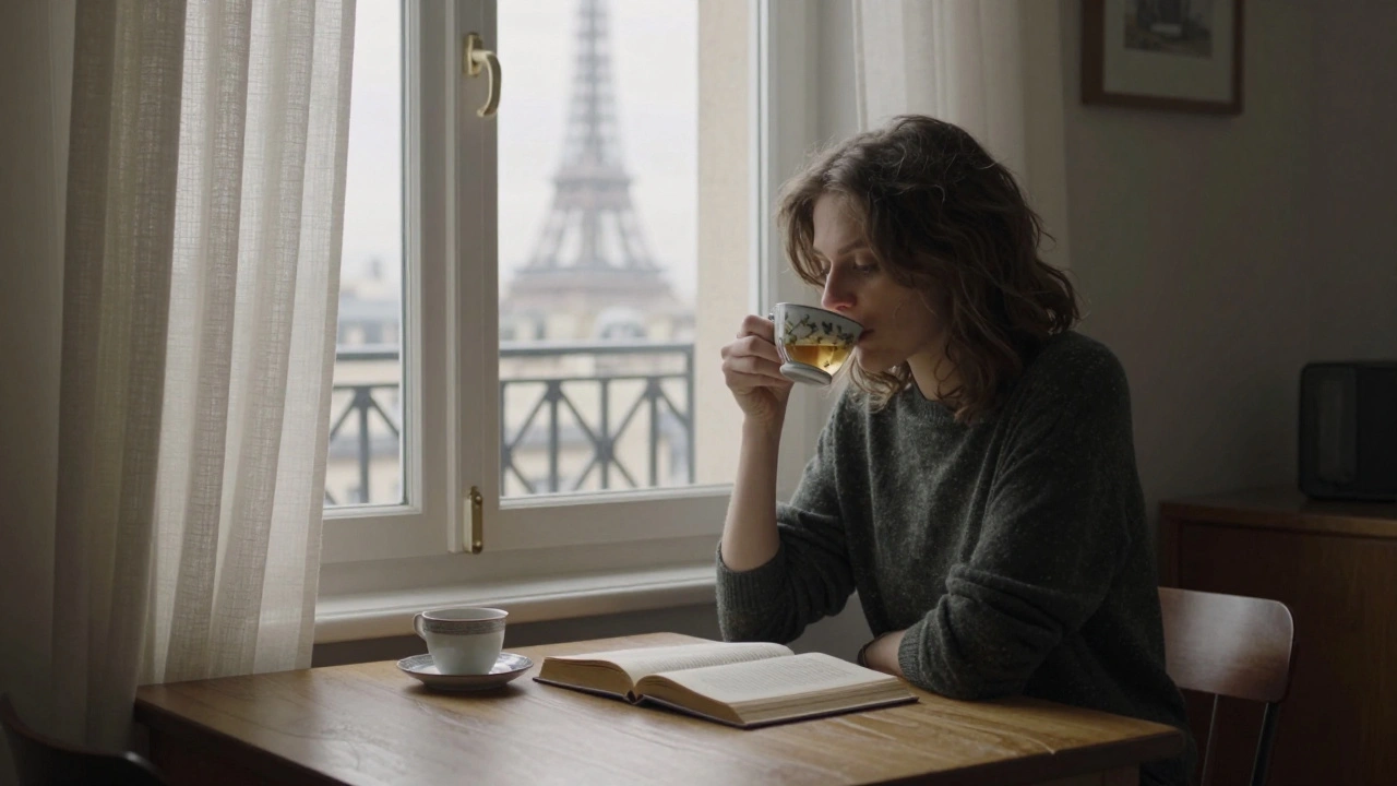 A woman sips tea in a Montparnasse apartment, sunlight streaming through curtains as books and coffee rest nearby.