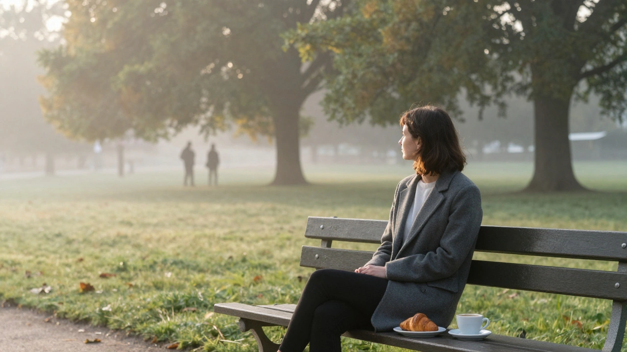 A woman sits alone on a bench in Luxembourg Gardens at dawn, enjoying a croissant and espresso under soft morning light.