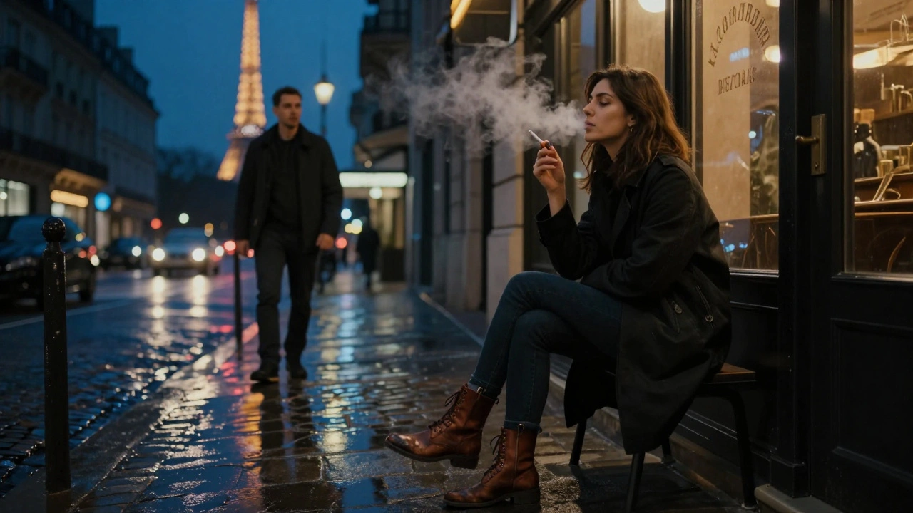 A woman smoking outside a Paris café at night, Eiffel Tower faintly visible in the distance.
