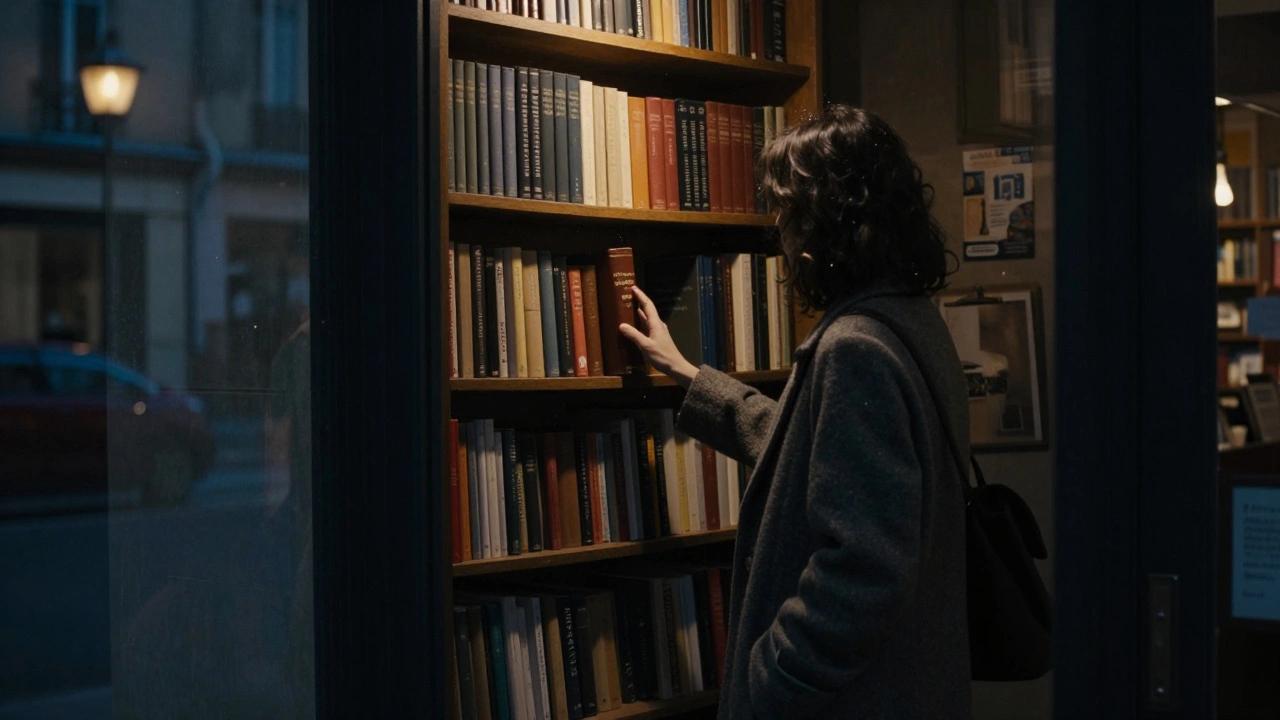 A woman touches a vintage book in a quiet bookstore, lamplight highlighting dust and leather bindings, twilight seeping through the window.