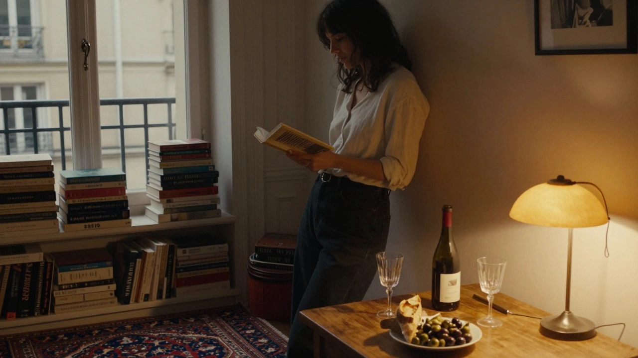 An elegant woman stands by a window in a cozy Paris apartment filled with books and warm lamplight, a wine bottle and bread on the table.