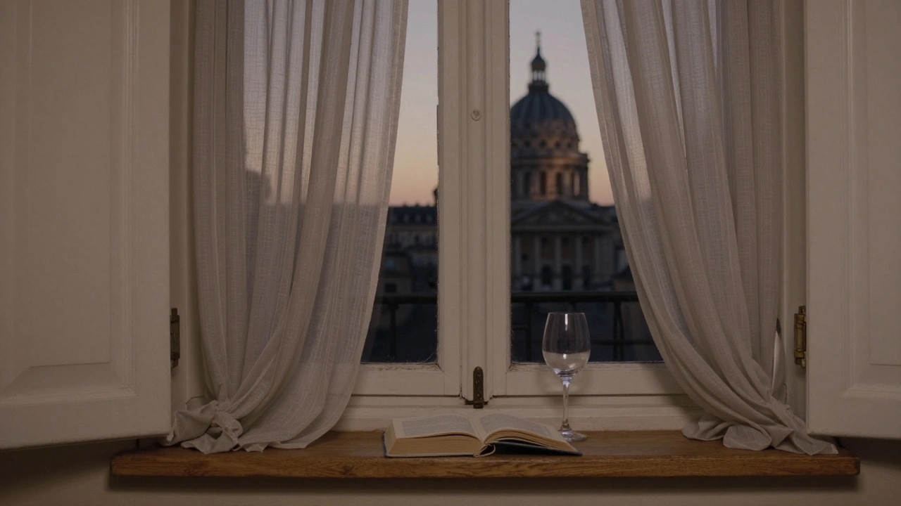 An empty apartment window on Rue Mouffetard with a book and wine glass, reflecting the Panthéon’s dome at twilight.