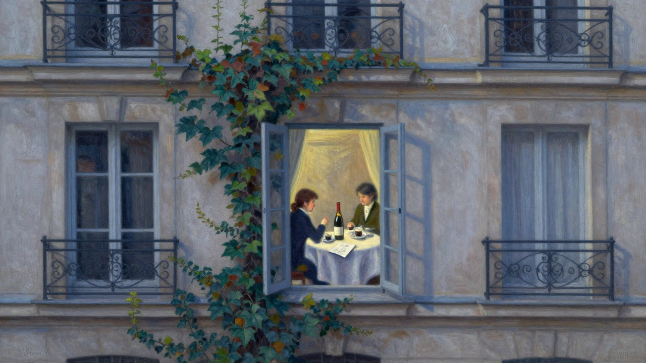 An empty courtyard in Paris with iron balconies and a table set for two at twilight, soft blue light.