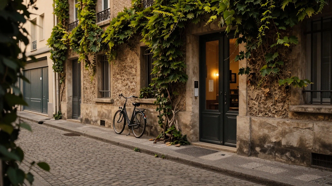 An ivy-covered alley in Paris 12 at golden hour, a door slightly open revealing warm light.