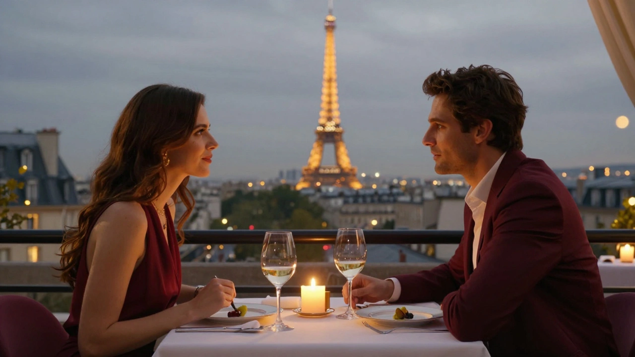 Couple dining at a rooftop restaurant with Paris skyline view, candlelit table setting