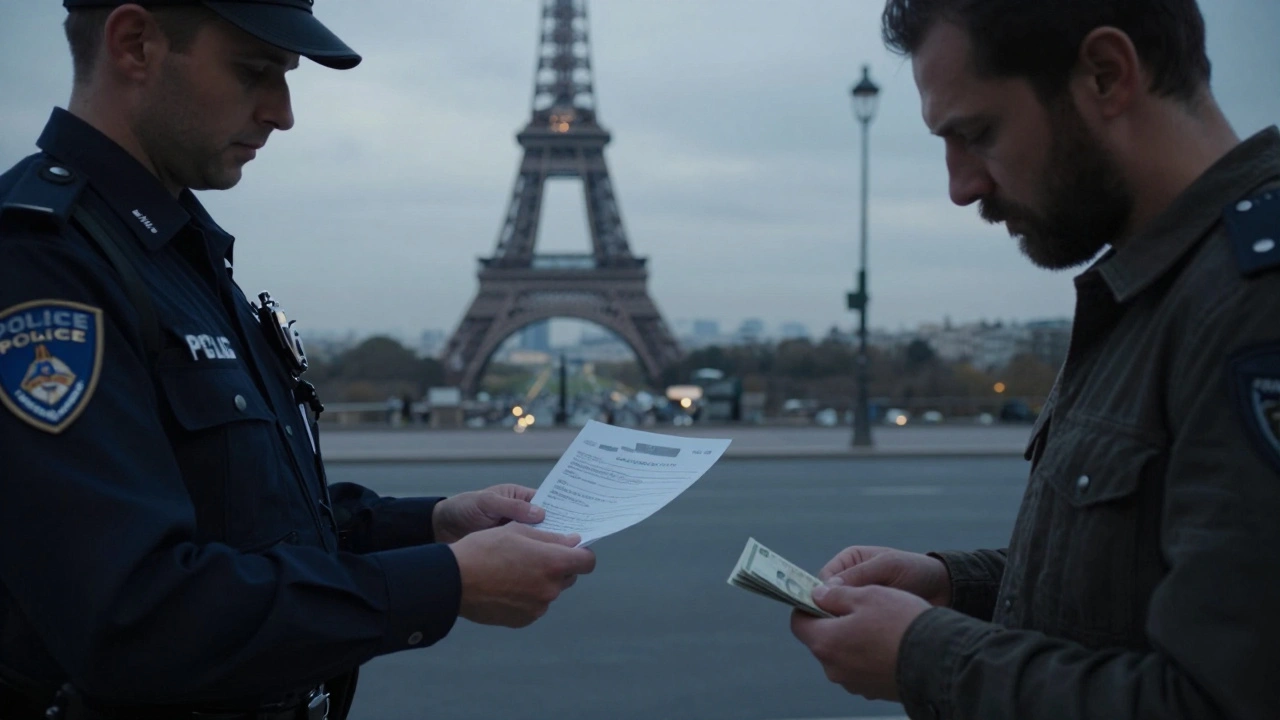 Police officer handing fine to client on Paris street at dusk with Eiffel Tower in background