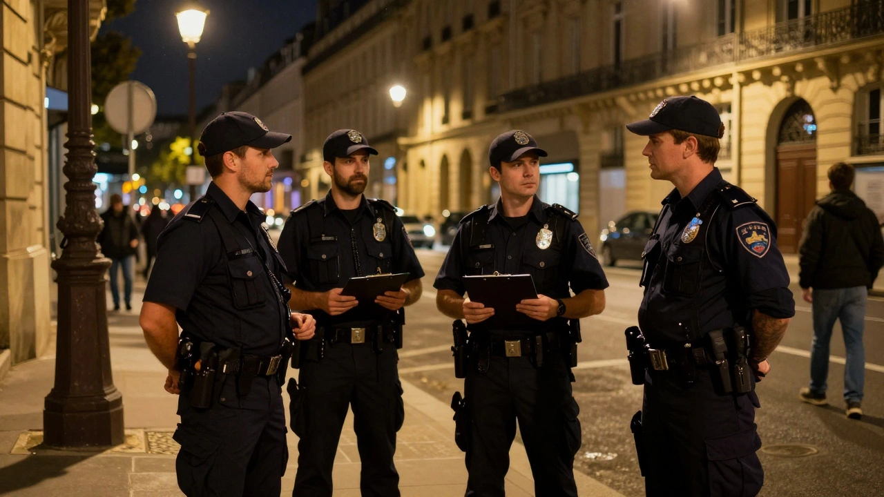 Police officers interacting with individuals in Paris street at night.