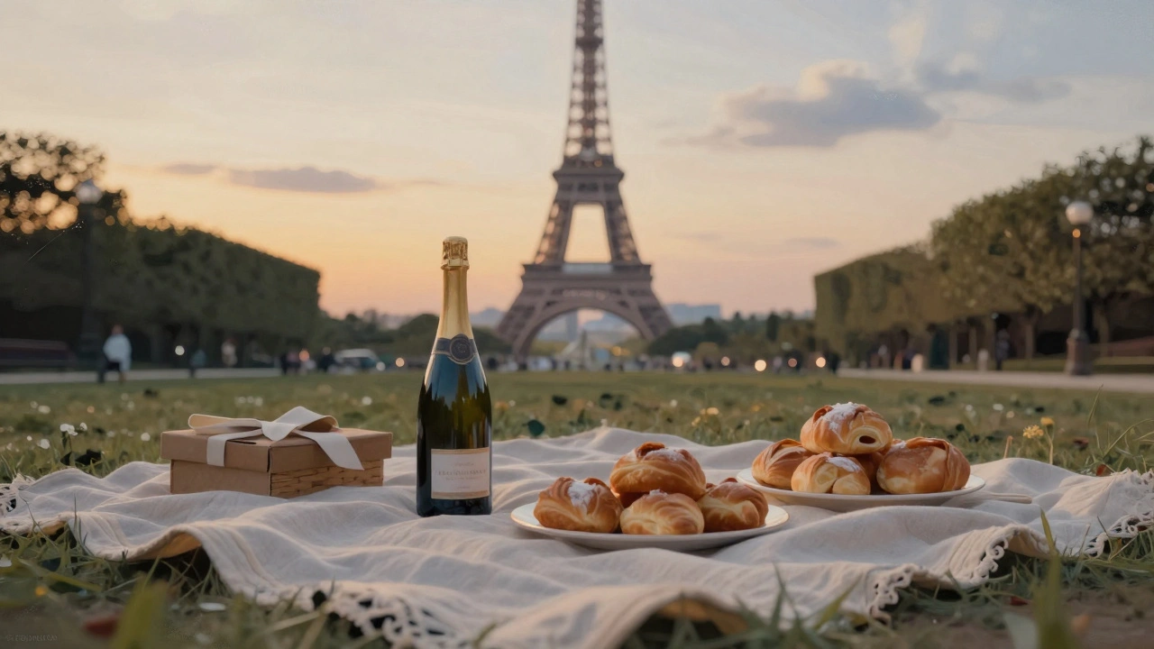 Romantic picnic at Trocadéro with Eiffel Tower and champagne under sunset sky
