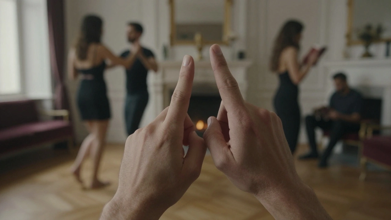 Two hands forming a crossed-finger signal, symbolizing consent and safety in a quiet intimate space.