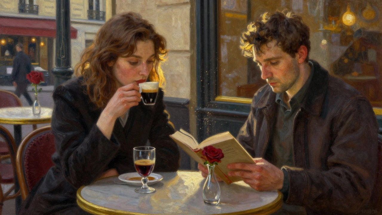 Two people share a quiet moment in a Parisian café, with wine and a book on the table.