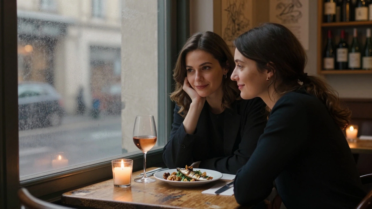Two people share an intimate dinner in a cozy bistro, candlelight glowing on wine and simple French food, atmosphere warm and unhurried.