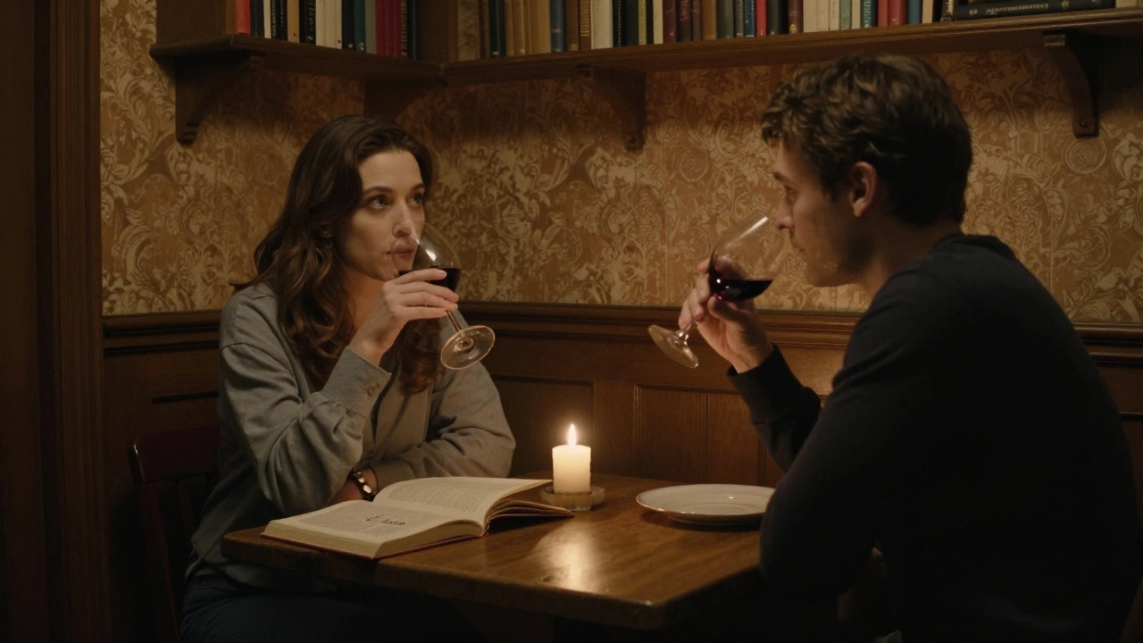 Two people share quiet wine at a dimly lit table in a historic Parisian bistro, a book open between them.