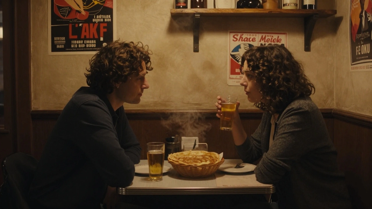 Two people sharing a meal in a cozy Parisian crêperie with warm lighting and vintage decor.