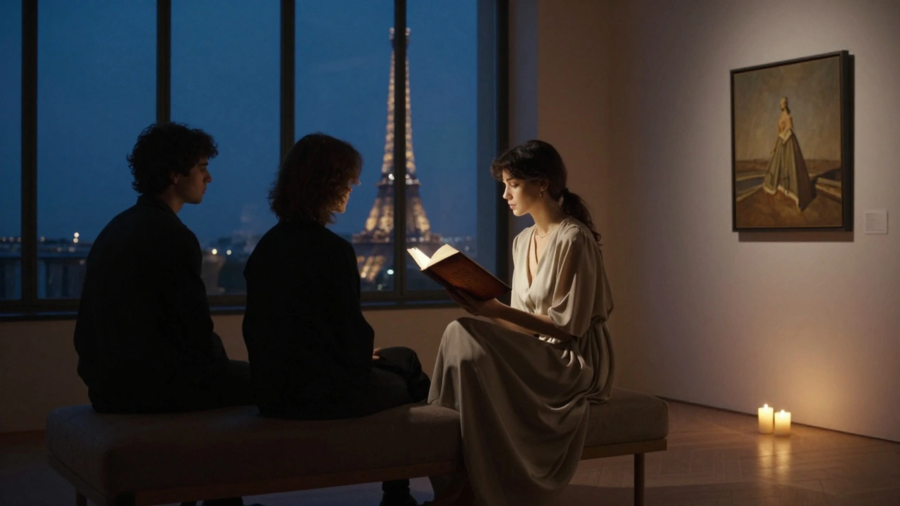 Two people sit quietly in a candlelit gallery as a woman reads poetry aloud under a soft spotlight.